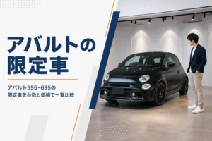 ショールームのスポットライトに照らされた黒い小型スポーツハッチ