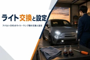 夕暮れのガレージでヘッドライトを点けた小型ハッチバックと交換用の電球